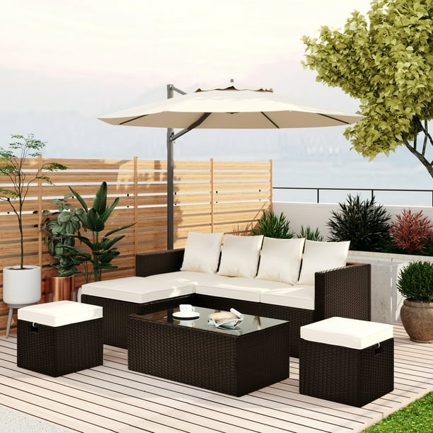 Pannow 5-Piece Patio Furniture PE Rattan Wicker Sectional Lounger Sofa Set with Glass Table and 