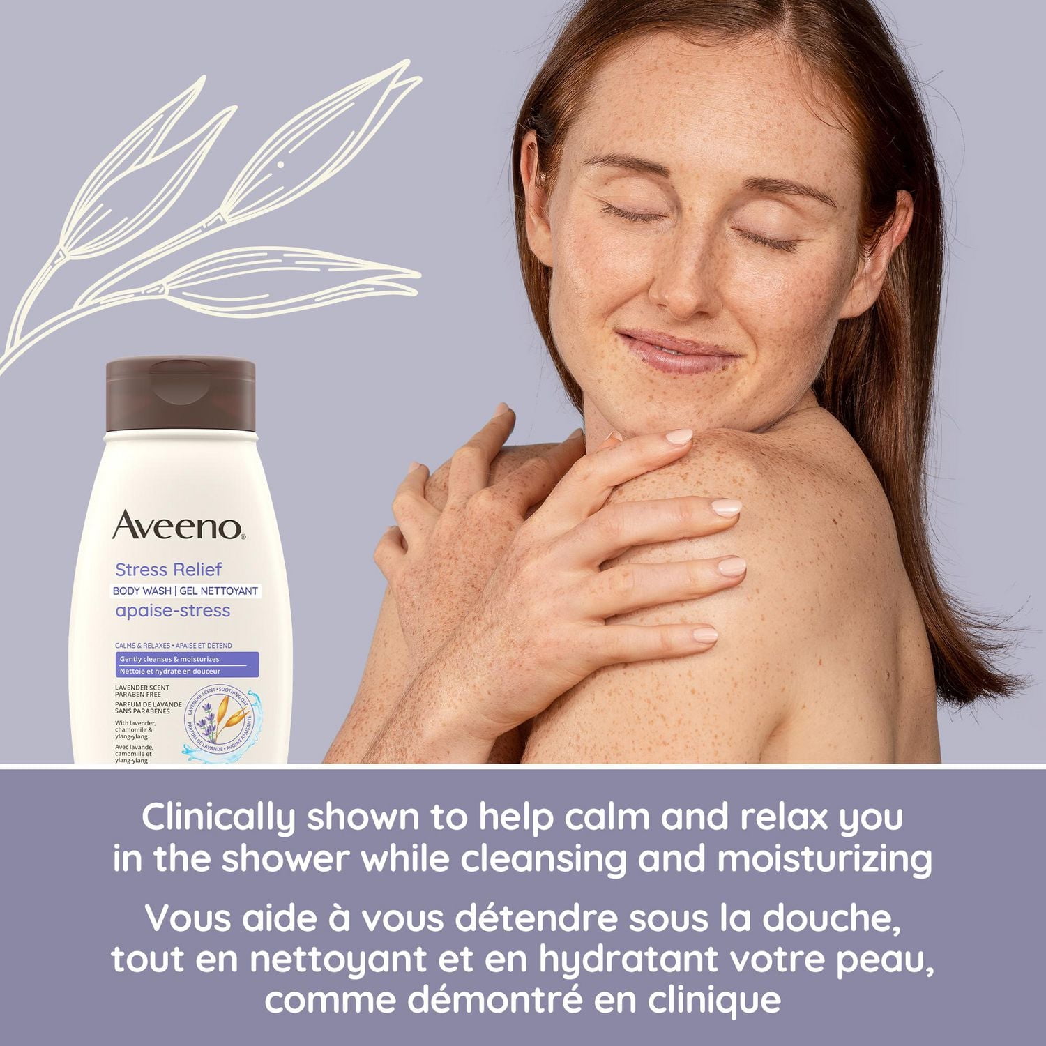 Aveeno Stress Relief Body Wash, Lavender, Chamomile, Ylang Ylang Oil, Oat, Skin Cleanser, 975 mL