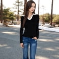 thumbnail image 6 of Women's Long Sleeve V-Neck Shirt with Contrast Collar - Medium, Black, 6 of 7