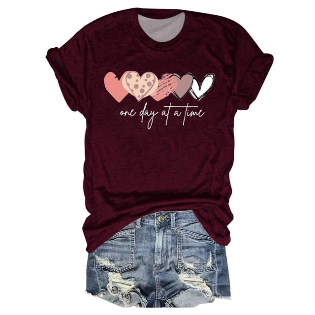 Hauts d'Été pour Femmes, Blouses Décontractées Élégantes 2024, T-Shirts d'Entraînement, Imprimé Amour, Multi-Couleurs, Col Rond, Manches Courtes, Rouge