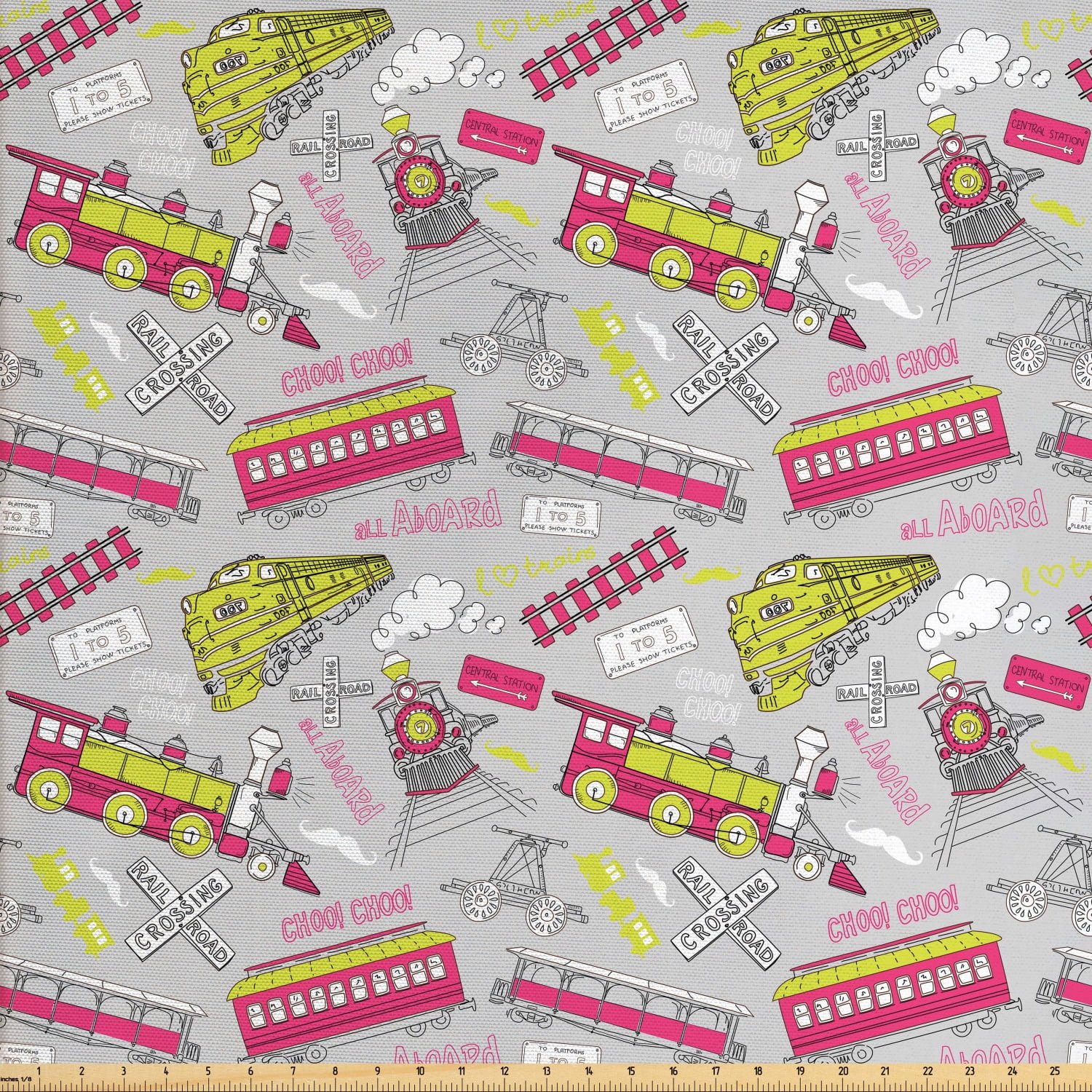 Train Fabric by The Yard, Railway Station Composition Artwork in