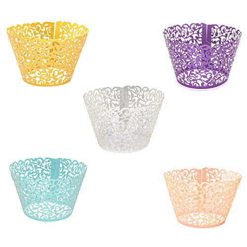 KPOSIYA Cupcake Wrappers 60 Filigree Artistic Bake Cake Paper Cups Little Vine Lace Laser Cut Liner Baking Cup Muffin Case Trays for Wedding Party Birthday Decoration White 