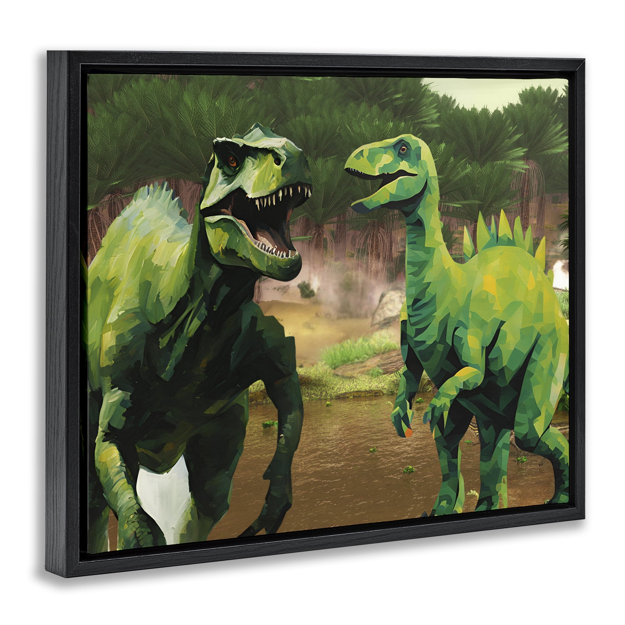 Stupell Industries Green Jungle Dinosaurs Black Framed Floater Canvas Wall Art, design by Jesse Keith