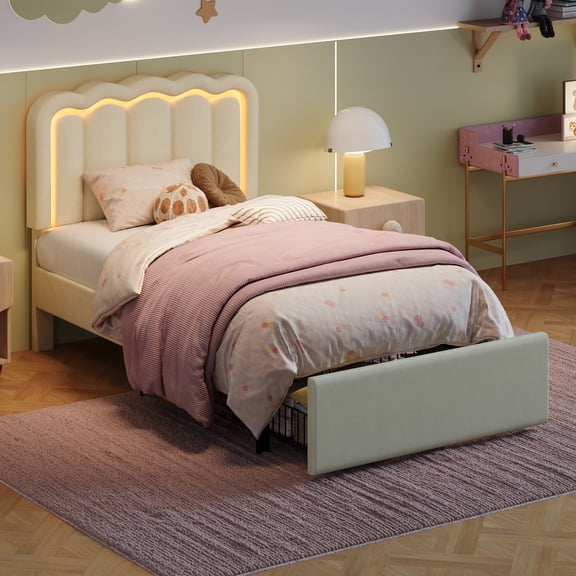 Amolife Twin Size LED Bed Frame with Drawer, Velvet Upholstered Platform Bed Frame with Adjustable Wavy Headboard , Cream