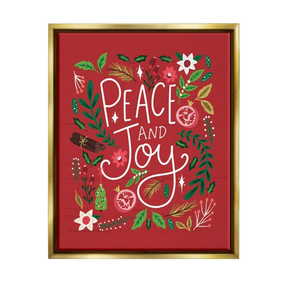 Stupell Industries Peace & Joy Holiday Botanicals Plants Modern Calligraphy Graphic Art Metallic Gold Floating Framed Canvas Print Wall Art, Design by Louise Allen
