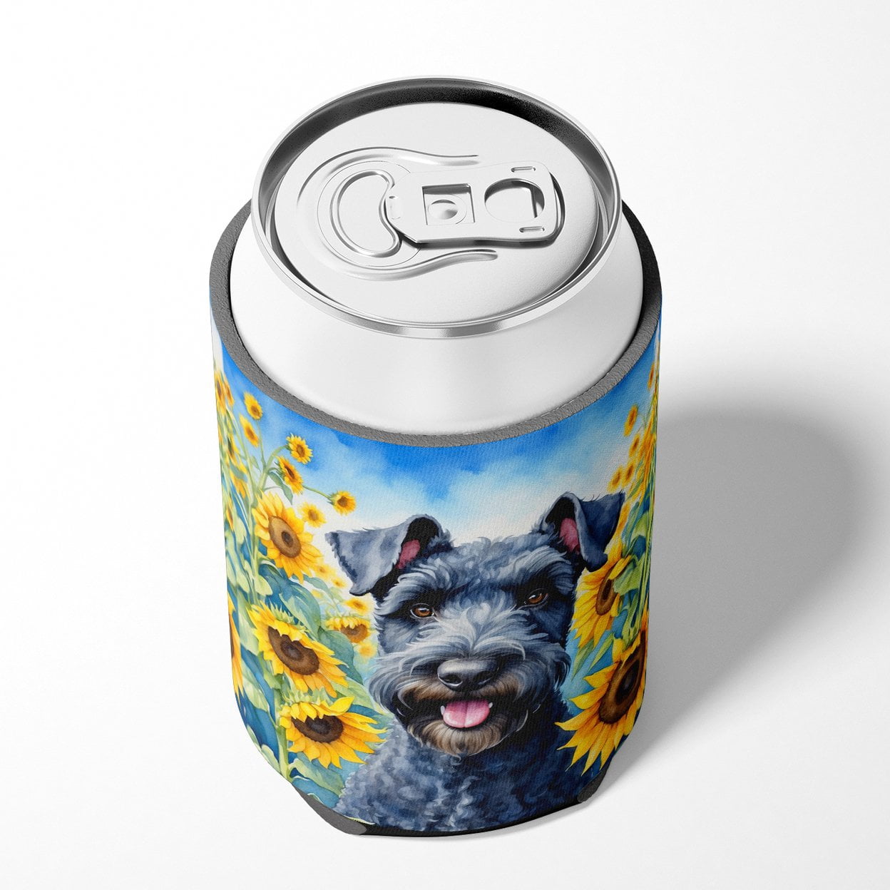 Kerry Blue Terrier in Sunflowers Can or Bottle Hugger 3 in x 5 in