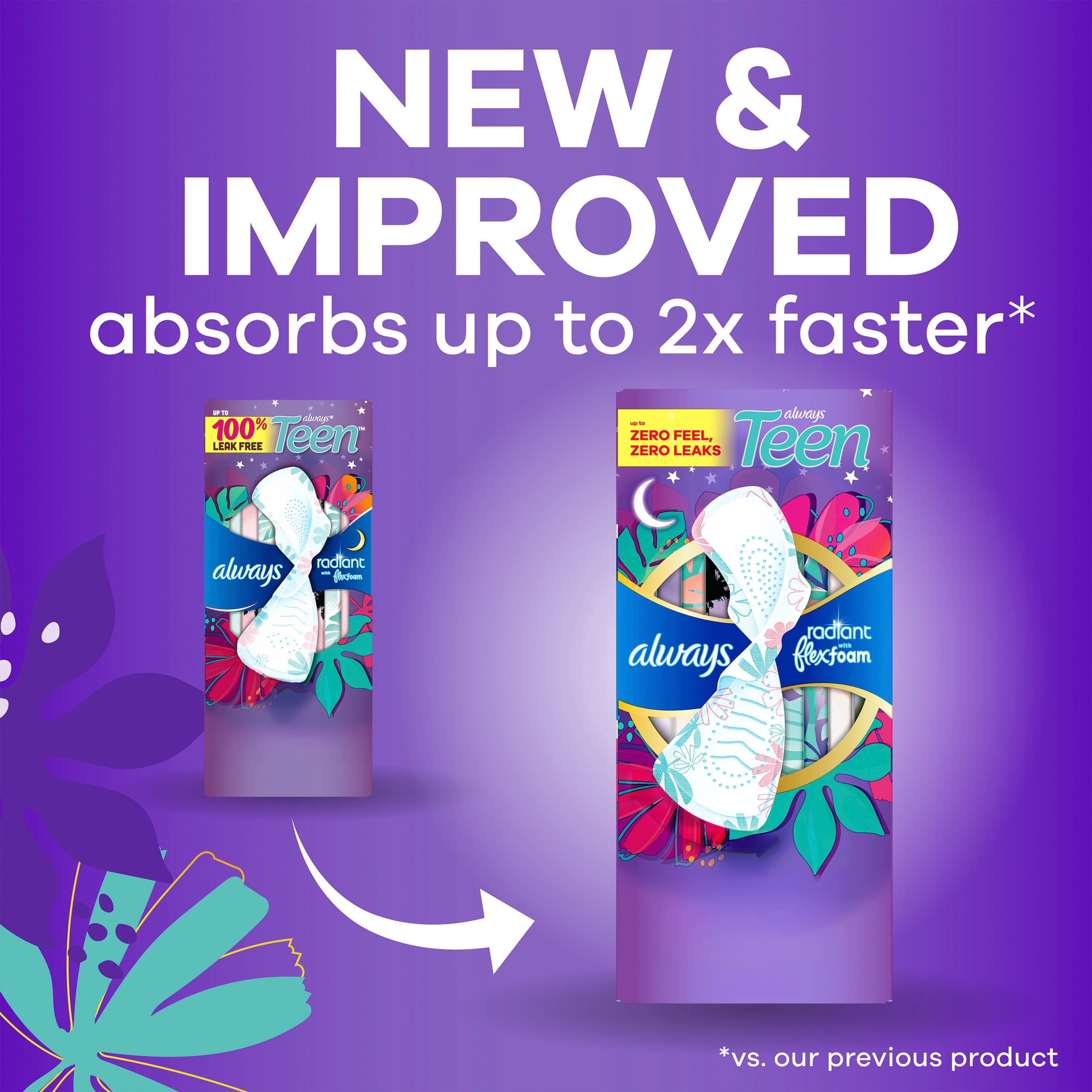 (2 pack) Always Radiant Teen Pads with Wings, Overnight, 18 Count