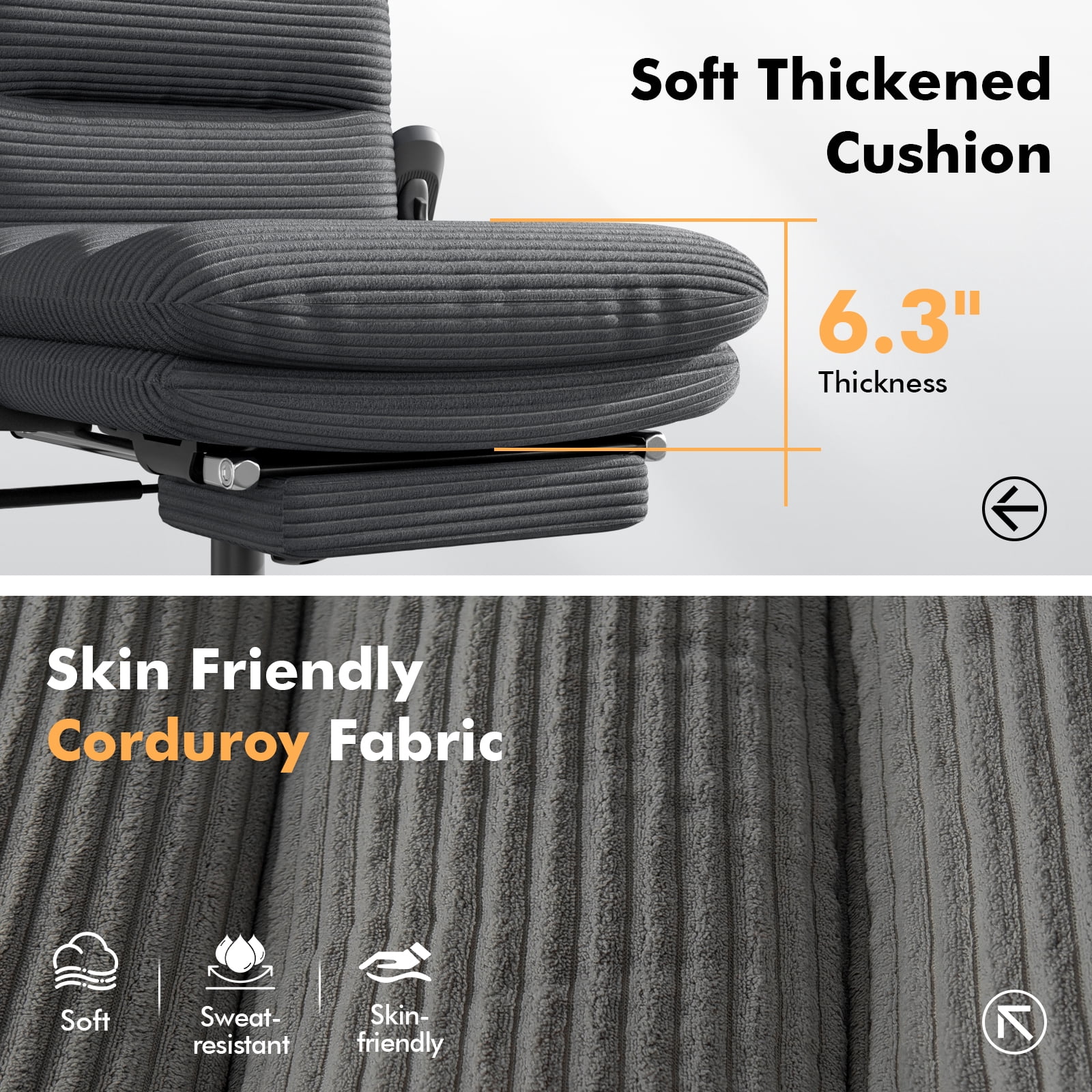 Genpo Criss Cross Chair with Wheels & Flip-up Arms, Executive Office Chair with Foot Rest, Swivel Cross Legged Office Chair, Black Corduroy Fabric Comfy Computer Desk Chair, Vanity Chair for Home