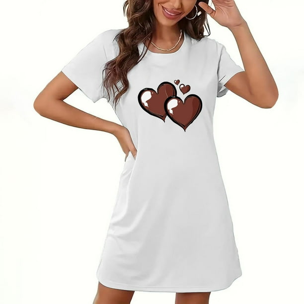 Camisón corto de San Valentín para mujer, talla grande, estampado en el pecho, cuello redondo, manga corta
