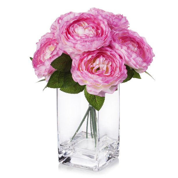 Enova Home Silk Peony Arrangement in Clear Glass Vase With Faux Water