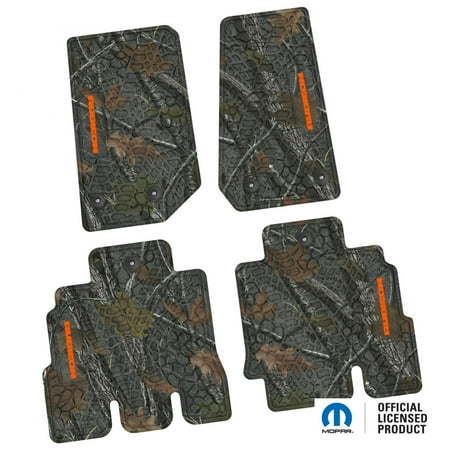 Flextread Floor Mats for 14-18 Jeep Wrangler JKU 4-Door - Mopar Licensed Factory Fit - Rugged Woods Camouflage w/ Orange Rubicon Insert - 100% Made in USA