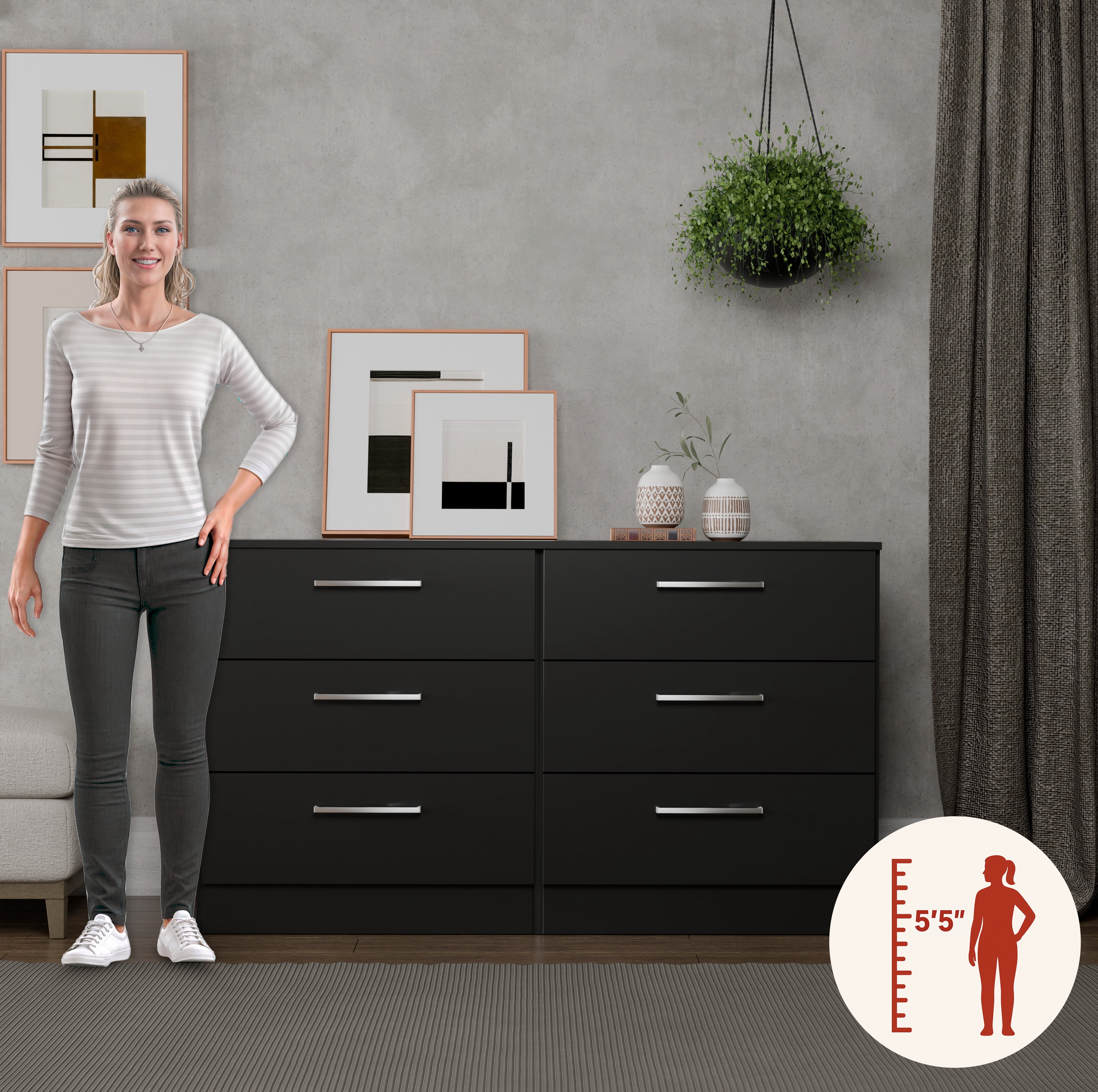 Kappesberg Jolyne 6-Drawer Horizontal Dresser, Black – Modern