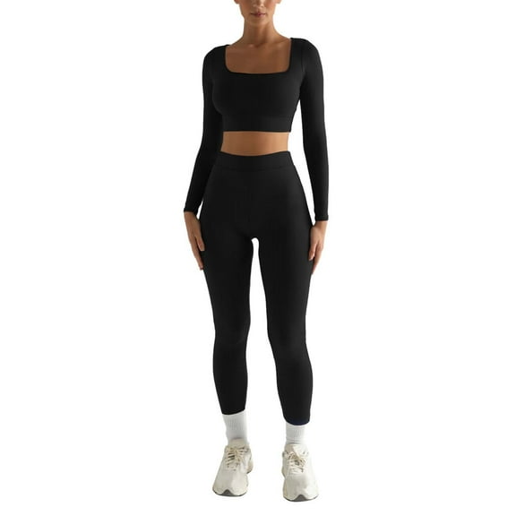 2Pc Yoga Sets For Women Women'S Fashion Casual Solid Color Long Sleeve Square Collar Two Piece Slim Yoga Sports Pants Suit Yoga Sets Yoga Package