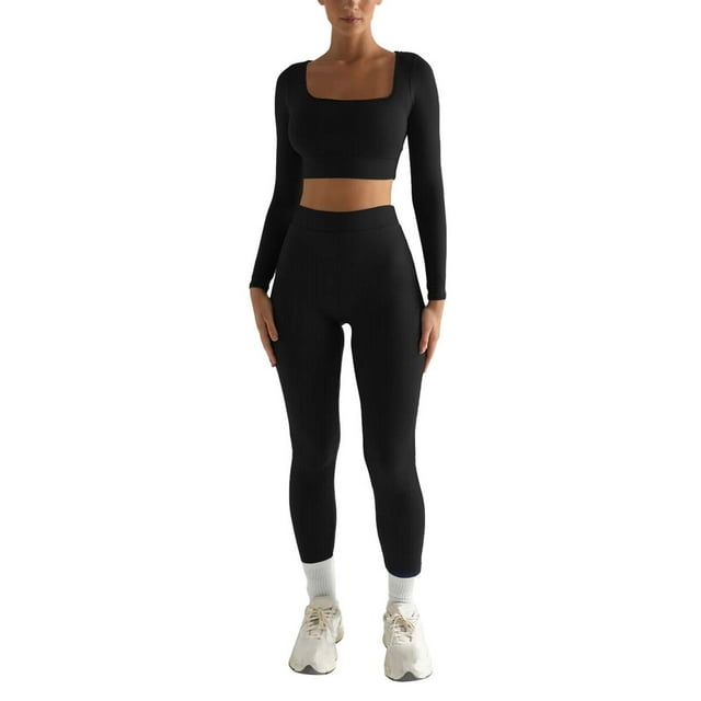 Conjunto de yoga de 2 piezas para mujer: top de manga larga con cuello cuadrado de color liso y pantalones deportivos, ropa deportiva ajustada