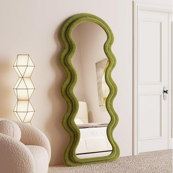 BOJOY Full Length Mirror, 63" x 24" Wall Mirror, Flannel Wrapped Wooden Frame Floor Mirror, Irregular Wavy Mirror Hanging or Leaning Against Wall for Cloakroom/Bedroom/Living Room - Green