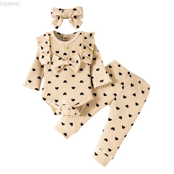 Liyamei Back to School Outfits for Girls Baby Girl's 3pc Rib Frill Long Sleeve Romper and Pant Set Size Beige 9-12 Months