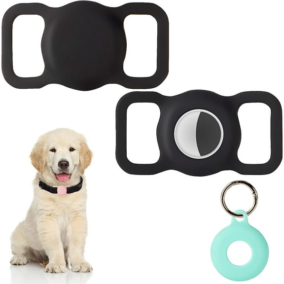 2 Pack Airtag Holder for Collar, Dog Cat Tracker Case, Silicone Airtag Case Waterproof, Scratch-Resistant, Anti-Lost & 1 Pack AirTag Keychain Holder for Bag, Suitcase (Large, Black)