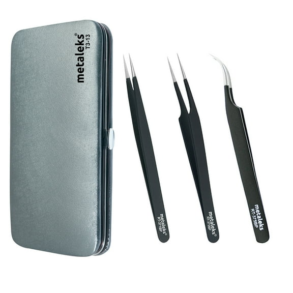 3Pcs Kit of Eyelash Extension Tweezers In Black Matt Powder Coated - Silver Magnetic Kit - Made In Surgical Stainless Steel