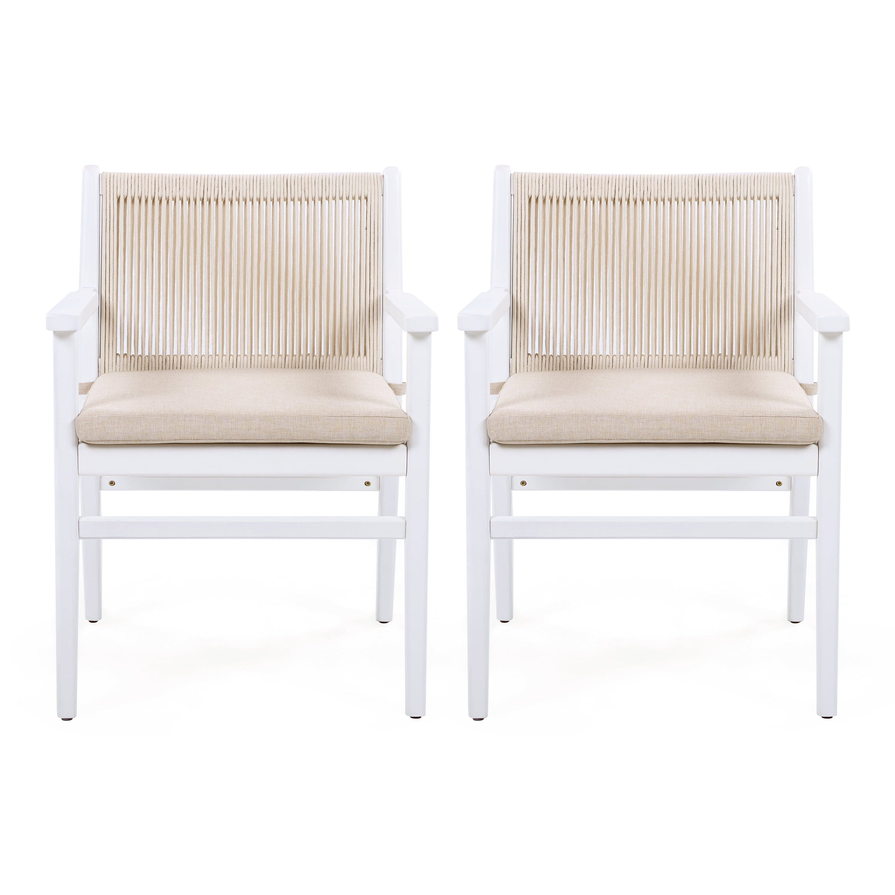 MAYEERTY 2 - Piece Outdoor Dining Chairs Acacia Wood Patio Armchair White Frame Rope - Design Back 400lbs Weight Capacity