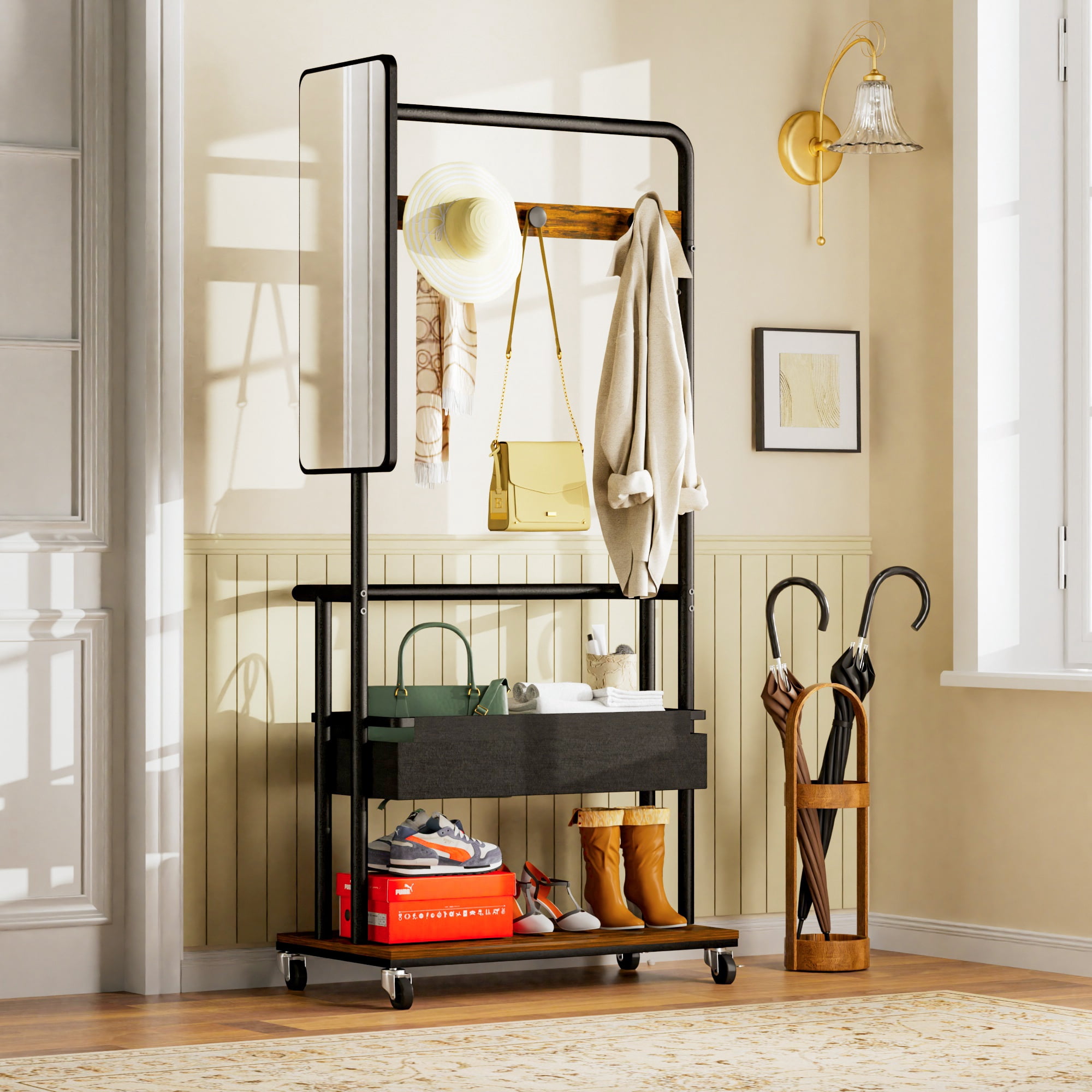 Leumius 3-in-1 Metal Coat Rack with Basket, Mirror, Hanging Coat Rack, Mobile Coat Rack with Casters for Bedrooms, Entrances and Living Rooms Large Storage Capacity Brown