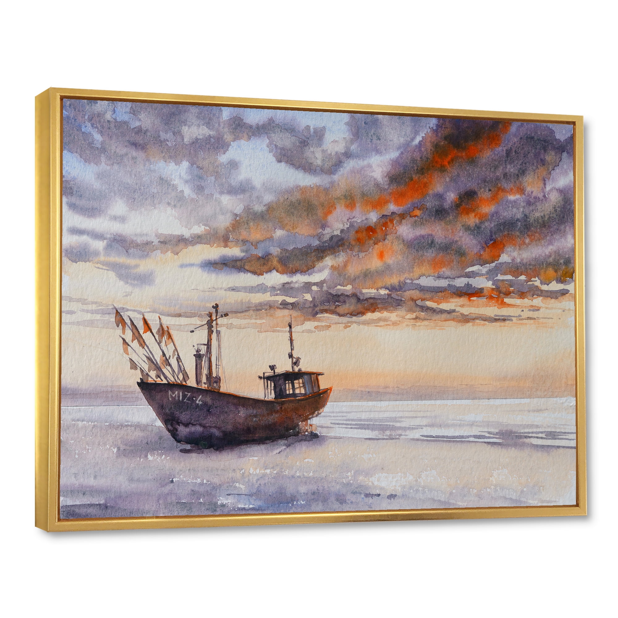 Designart 'Wooden Fishing Boat On The Baltic Shore With Evening Clouds' Nautical & Coastal Framed Canvas Wall Art Print