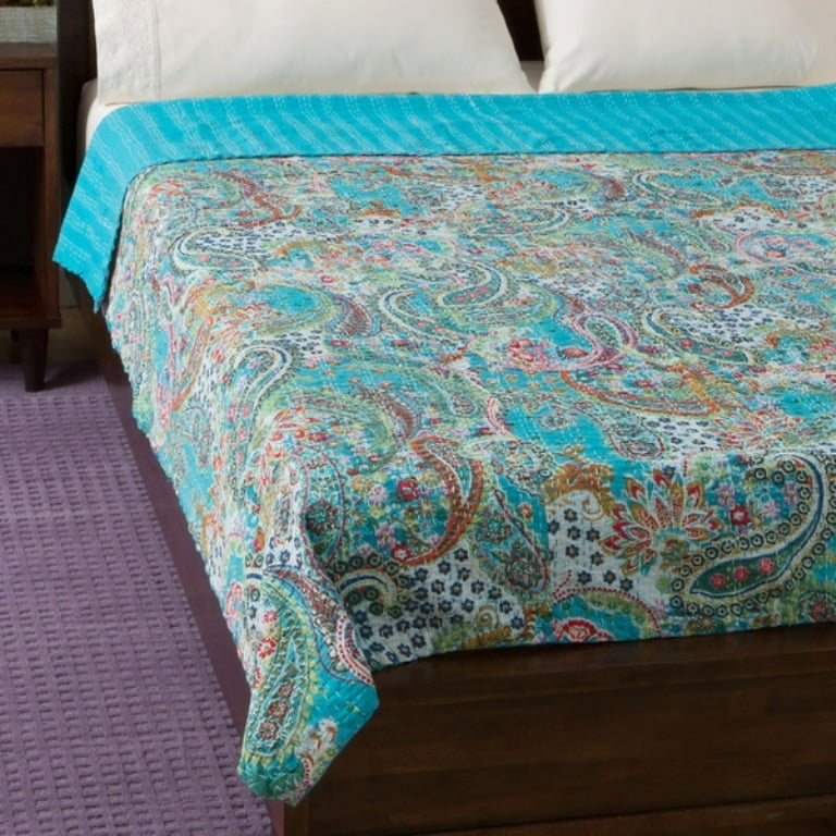 Turquoise Paisley Hand Block Printed Cotton Kantha Throw - Double bed Size Turquoise Paisley Hand Block Printed Cotton Kantha Throw - Double bed Size