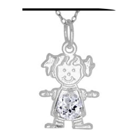 Clear Cubic Zirconia April Birthstone Charm Rhodium Plated Sterling Silver