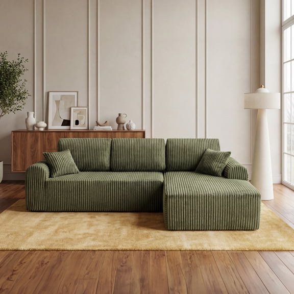 Arouseden 109" Green Corduroy Couch,Cloud Sectional Couch with Deep Seat Chaise,Right Facing Chaise Sofa,Oversized Boneless Couch Sectional for Living Room,No Assembly Required