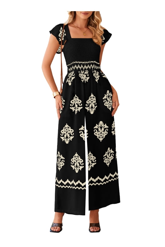Women Jumpsuits Boho Summer Cap Sleeve Wide Leg Jumpsuits Casual Black L US12-14