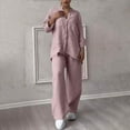 thumbnail image 4 of vigerkar Linen Two Piece Set Women Pants Casual Outfits Wide Leg Pants Long Sleeve Button Down Shirt Lounge Streetwear Sets Light Pink, S, 4 of 7