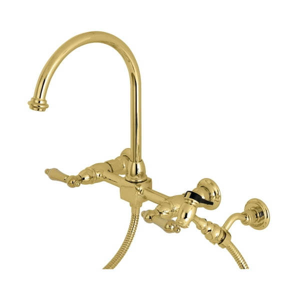 Kingston Brass KS1292ALBS Restoration Wall Mount Bridge Kitchen Faucet with Brass Sprayer, Polished Brass
