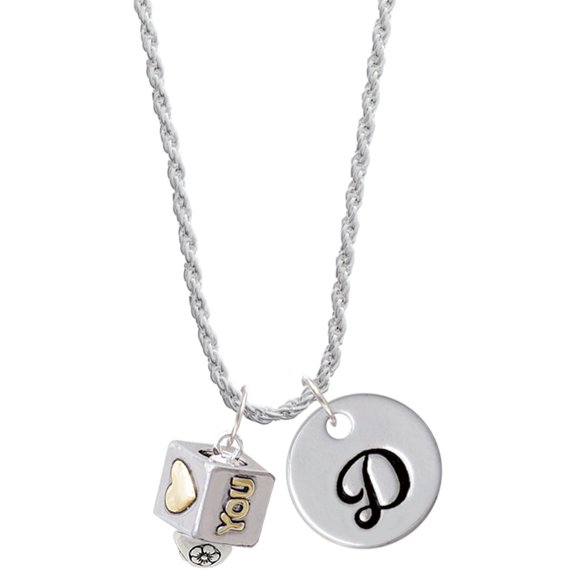 Delight Jewelry Two-tone Love You Square Spinner Silvertone Script Initial Disc - D - Charm Necklace, 20"+3"
