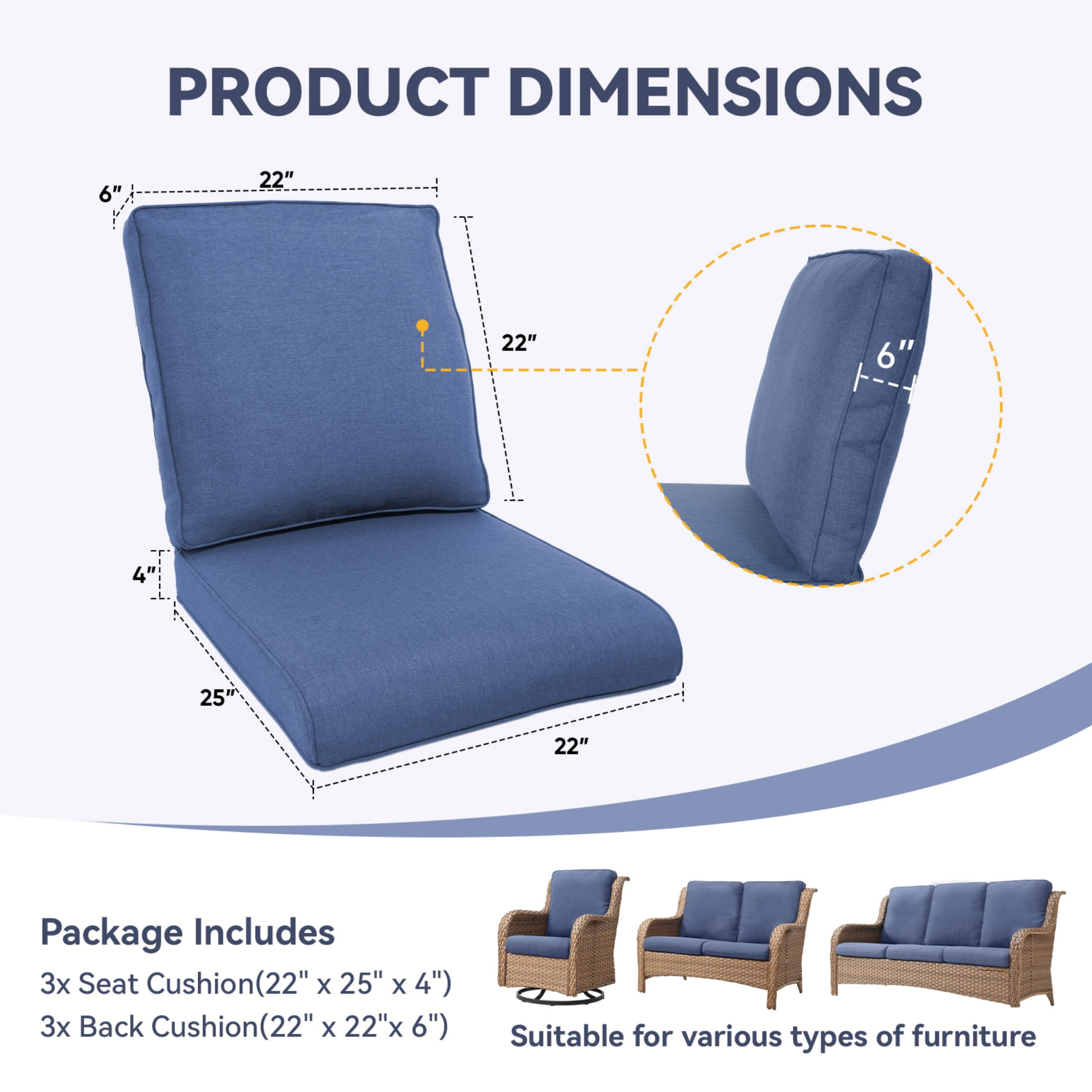Unnifurnzi Outdoor Chair Cushions Set of 3-22 x 25 x 4 Inch High Density Sponge Patio Deep Seat Cushions Outdoor Furniture Cushions for Chair Sofa Couch-Blue