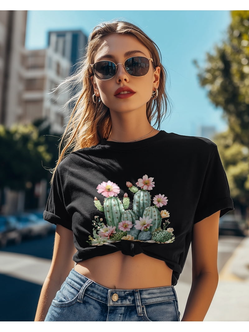 Cactus Flowers T Shirts for Women Short Sleeve Cotton Crewneck T