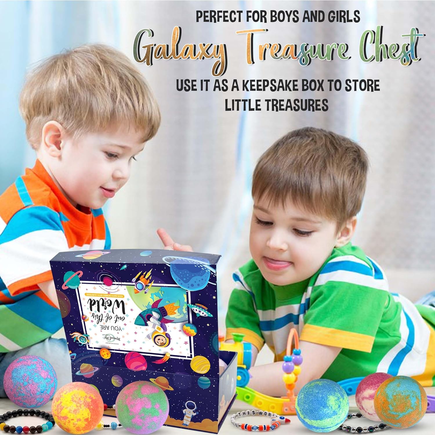 Bath Bombs for Kids with Jewelry Inside & Keepsake Box for Kids with Space Galaxy Bracelets