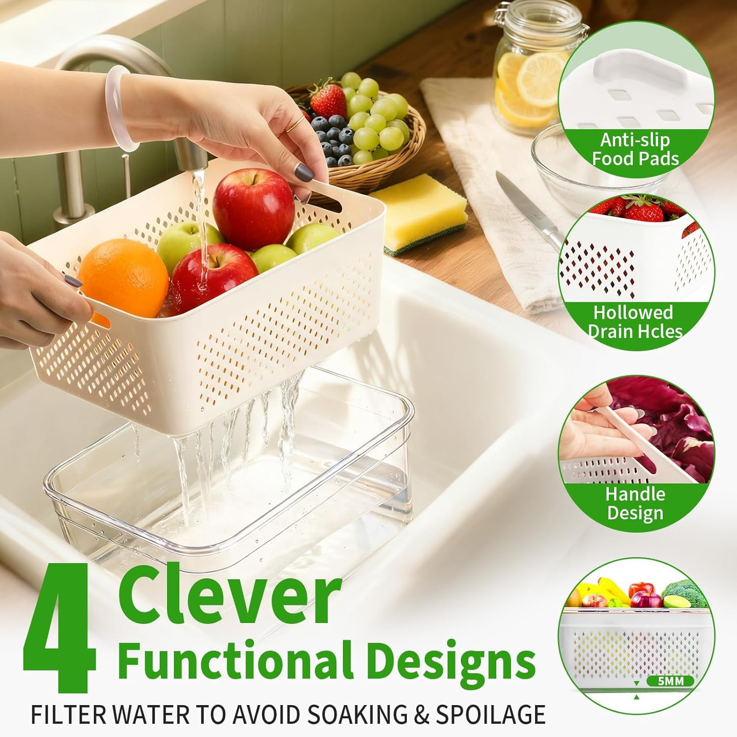CLIQKWEN 5-Pack Large Fruit Storage Containers for Fridge with Removable Colander, 2 in 1 BPA-Free Produce Organizers to Keep Fruits Vegetables Berries Fresh Longer