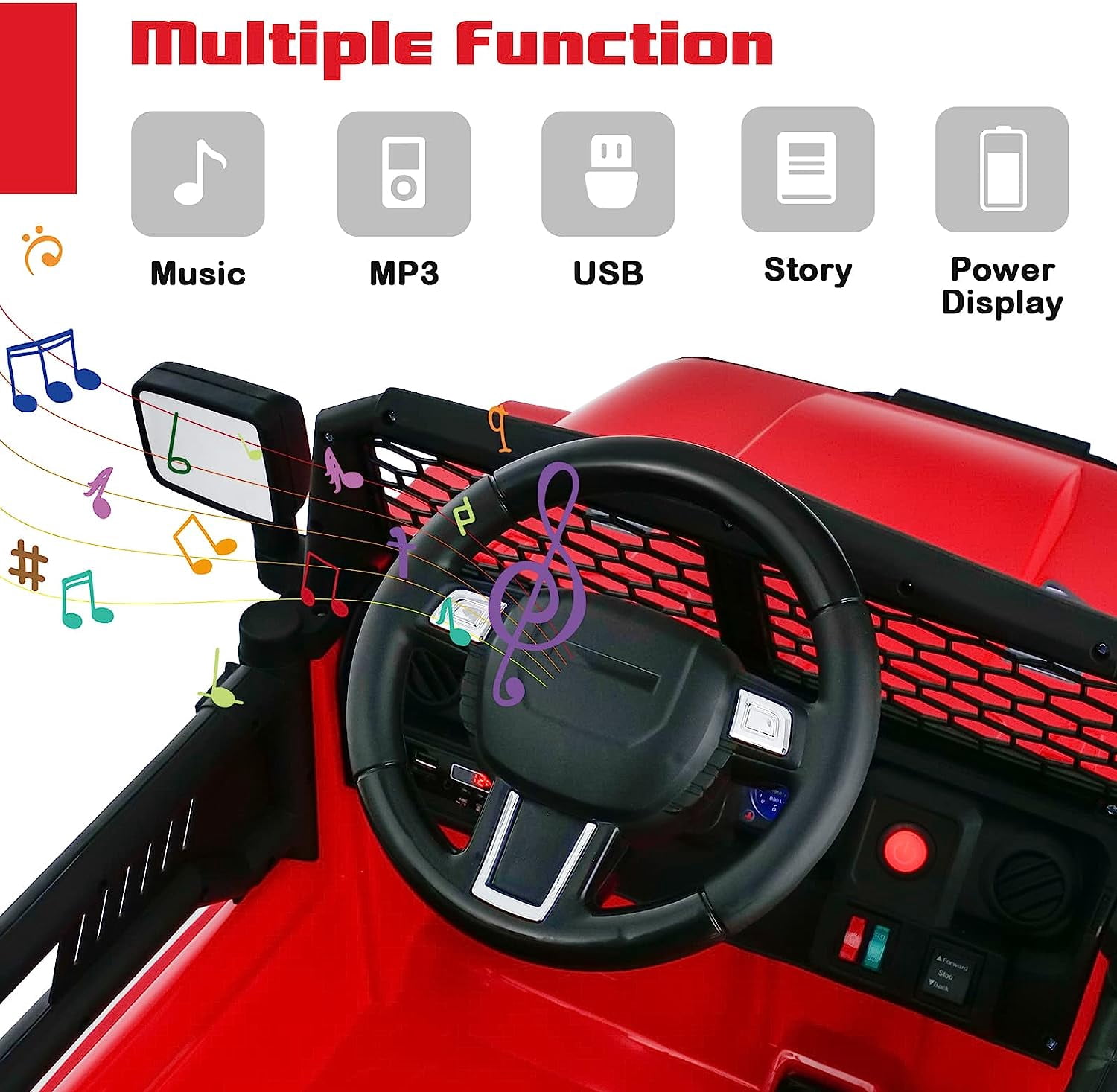 OLAKIDS Kids Ride On Truck, 12V Electric Vehicle Car with Remote Control, Toddlers Battery Powered Toy with 2 Speeds, Spring Suspension, Double Open Doors, LED Lights, Music, USB, Mp3 (Red)
