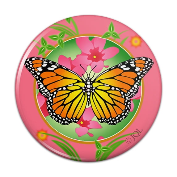 Orange Butterfly Pink Flowers Pinback Button Pin