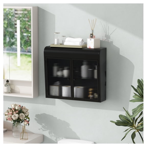 Wall Mounted Metal Cabinet with Glass Doors - Bathroom Kitchen Storage - 2 Door Tempered Glass Shelves - Black Finish Antique Black