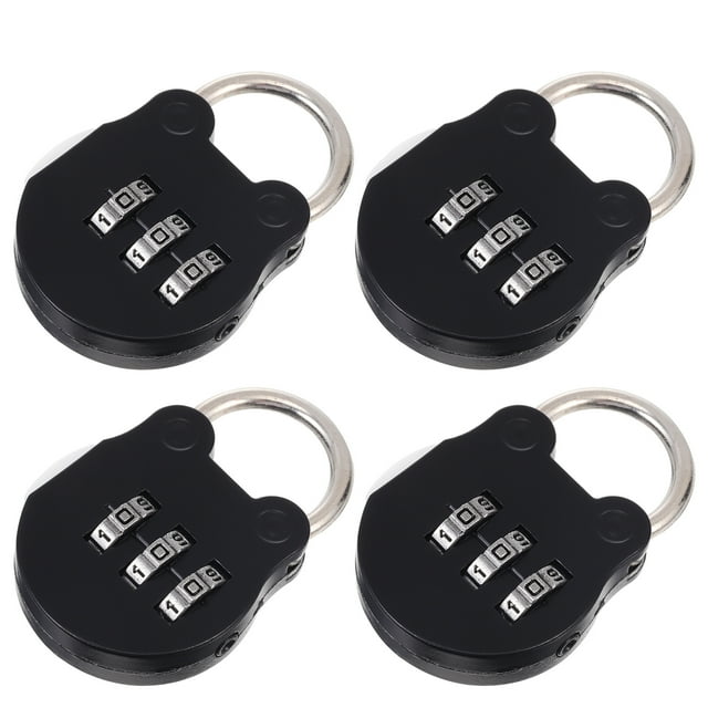 goohochy combinación de 4 pc bloqueo candado de combinación de tres dígitos para equipaje mochila gym, cuatro candados negros metálicos en vista 3/4 centrada con aro en U plateado y tres discos numéricos plateados visibles, cuerpo redondeado compacto (4.9x3.2x0.85 cm) adecuado para casilleros y maletas; también suele usarse para asegurar mochilas o organizar llaves de viaje.