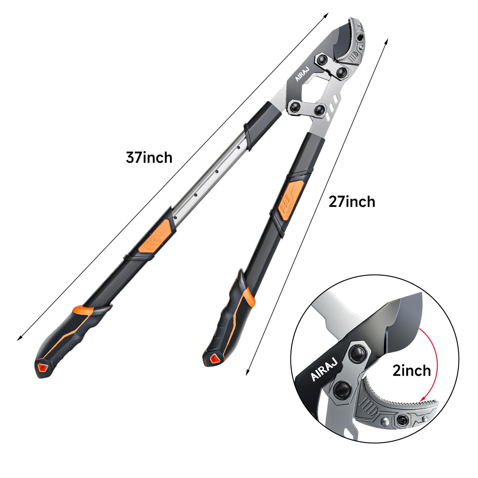 AIRAJ Extendable Tree Trimmer Anvil Loppers - Heavy Duty Branch Cutter with 2 Inch Cutting Capacity, 27-37” Telescopic Pruning Shears, Compound Action Garden Tool for Thick Branches & Dead Wood
