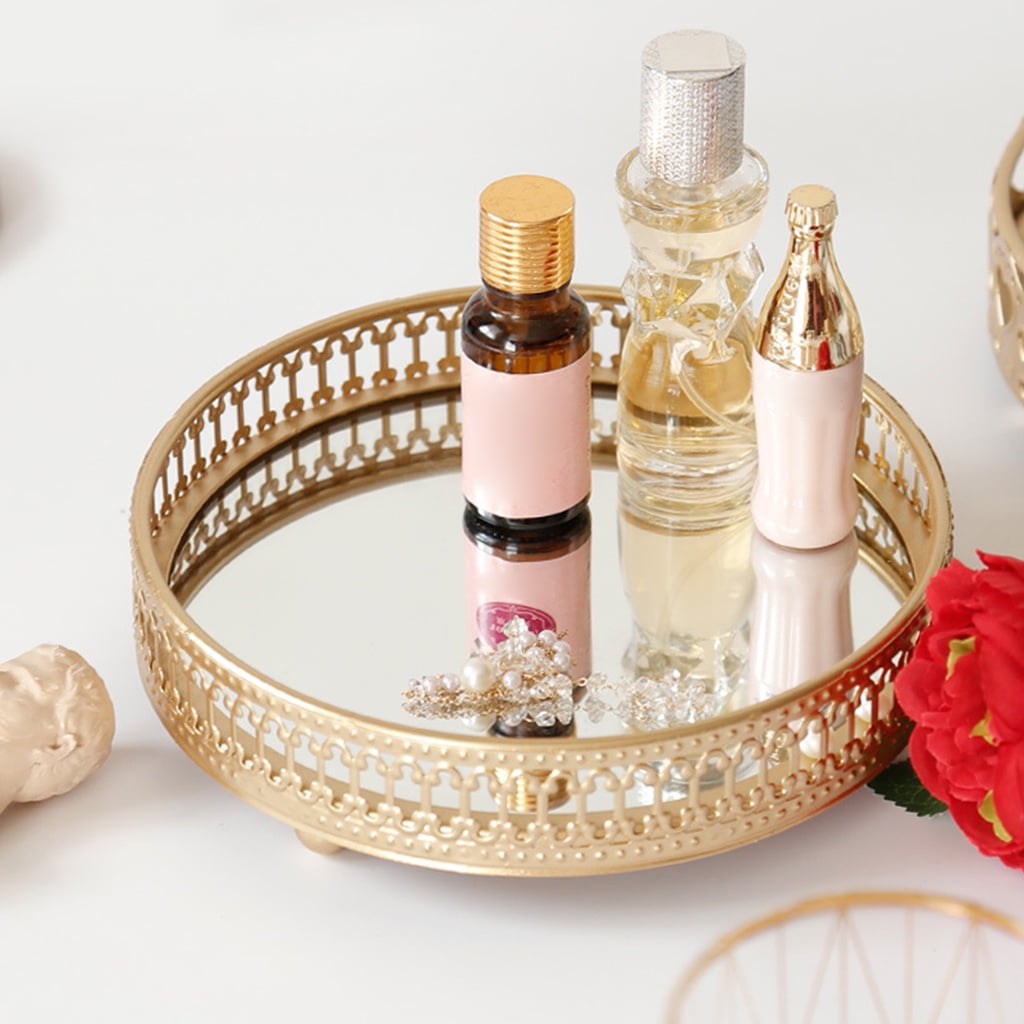 COBBEKO Nordic Luxury Metal Mirror Tray Round Candle Plate Desktop Jewelry Storage Organizer for Coffee Table Dresser Bathroom