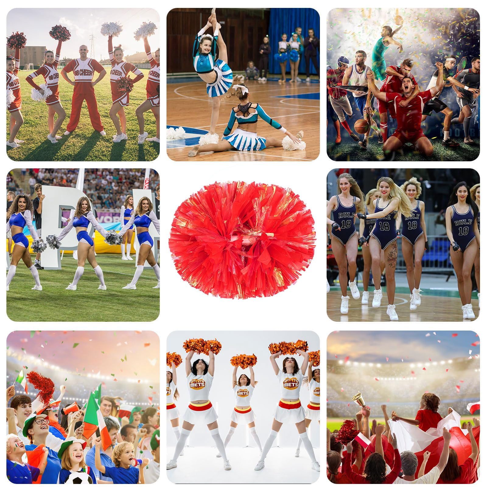 Cheerleading Pom Poms 8 Pcs with Handle Style, Handheld Squad Pompoms for Sports Team Cheer Spirit Games Dance Party Adults