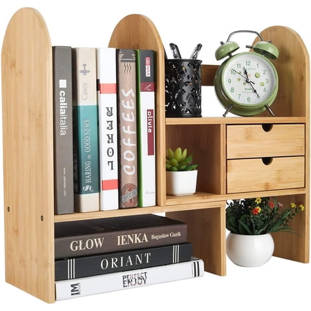 Bamboo Desktop Bookshelf Counter Top Bookcase Adjustable with 2 Drawer ...