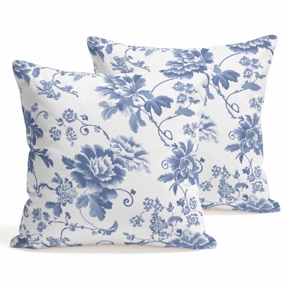 Throw Pillow Covers 18x18 Inch Set of 2 Blue Peony Flower Decorative Pillows Cushion Case Soft Square Pillowcases Floral Bloom Vines Throw Pillows for Couch Sofa Bed Chair Home Decor