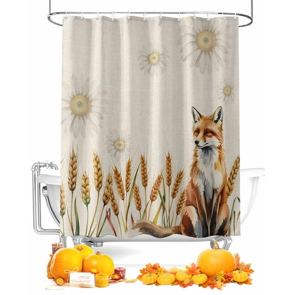 Fall Shower Curtain Daisy Fox Bathroom Curtains with Hooks, Waterproof Fabric Autumn Wheat Ear Linen Thanksgiving Bath Shower Curtains Set for Bathroom Bathtubs Decor 72x72 Inch