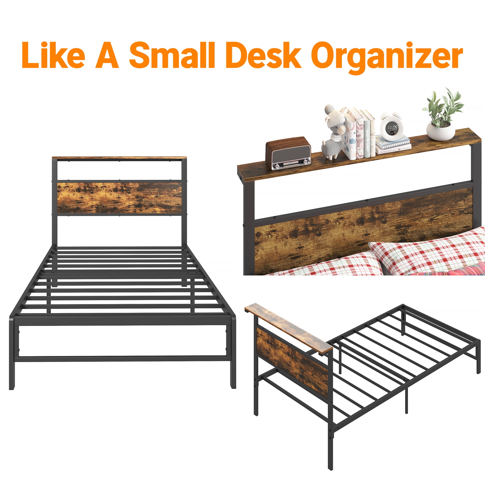 Yoneston Kids Twin Size Metal Platform Bed Frame with Storage Headboard, 12" Mattress Foundation for Childs Adults, Caramel Brown
