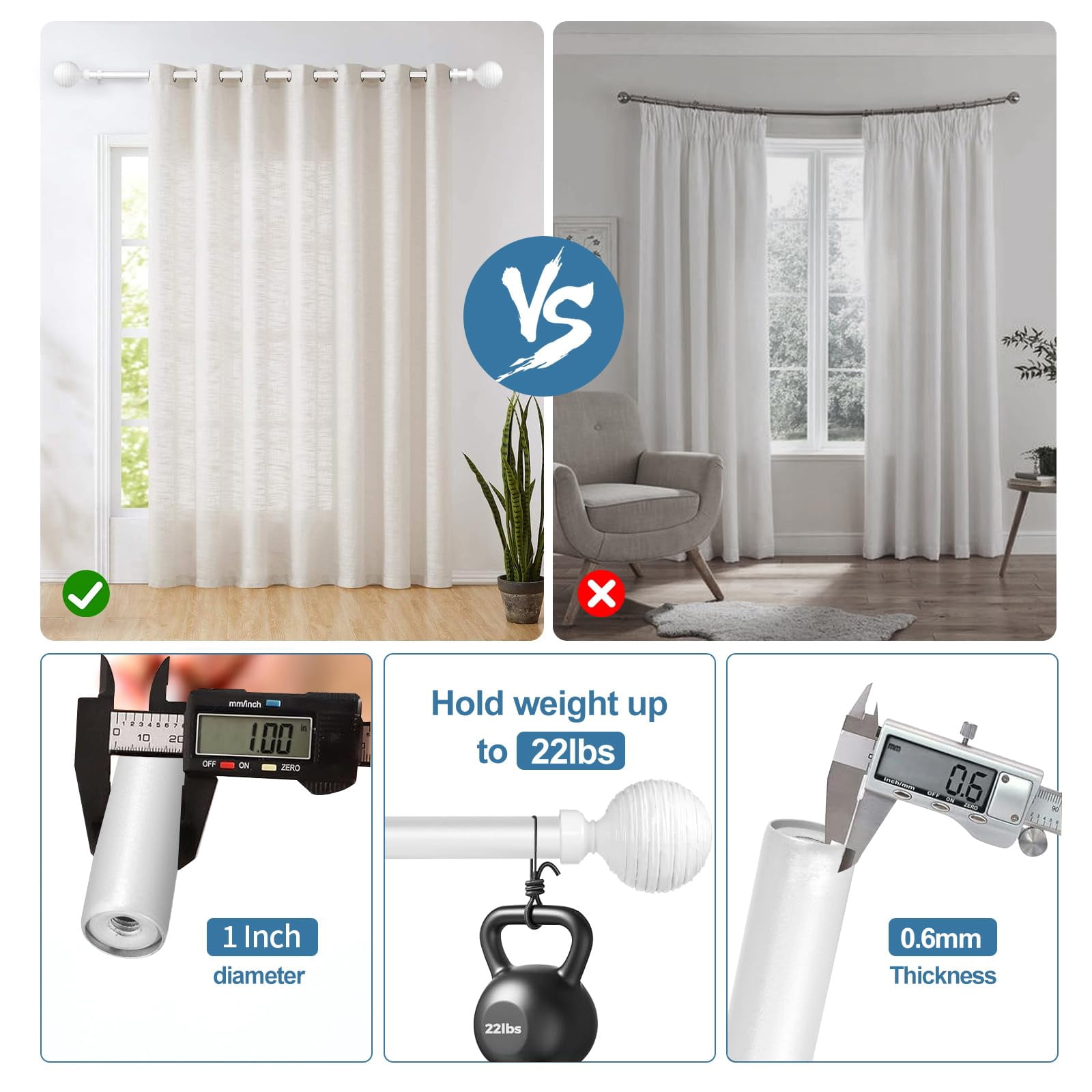 Urbanest 1" Diameter Favo Curtain Rod, 28"-48", Glossy White