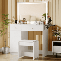 Zvivofla Vanity Desk with Large LED Lighted Mirror & Power Outlet, Makeup Table Set with Drawers & Cabinet, Stool, Dressing Table with Fold-up Panel for Bedroom, White