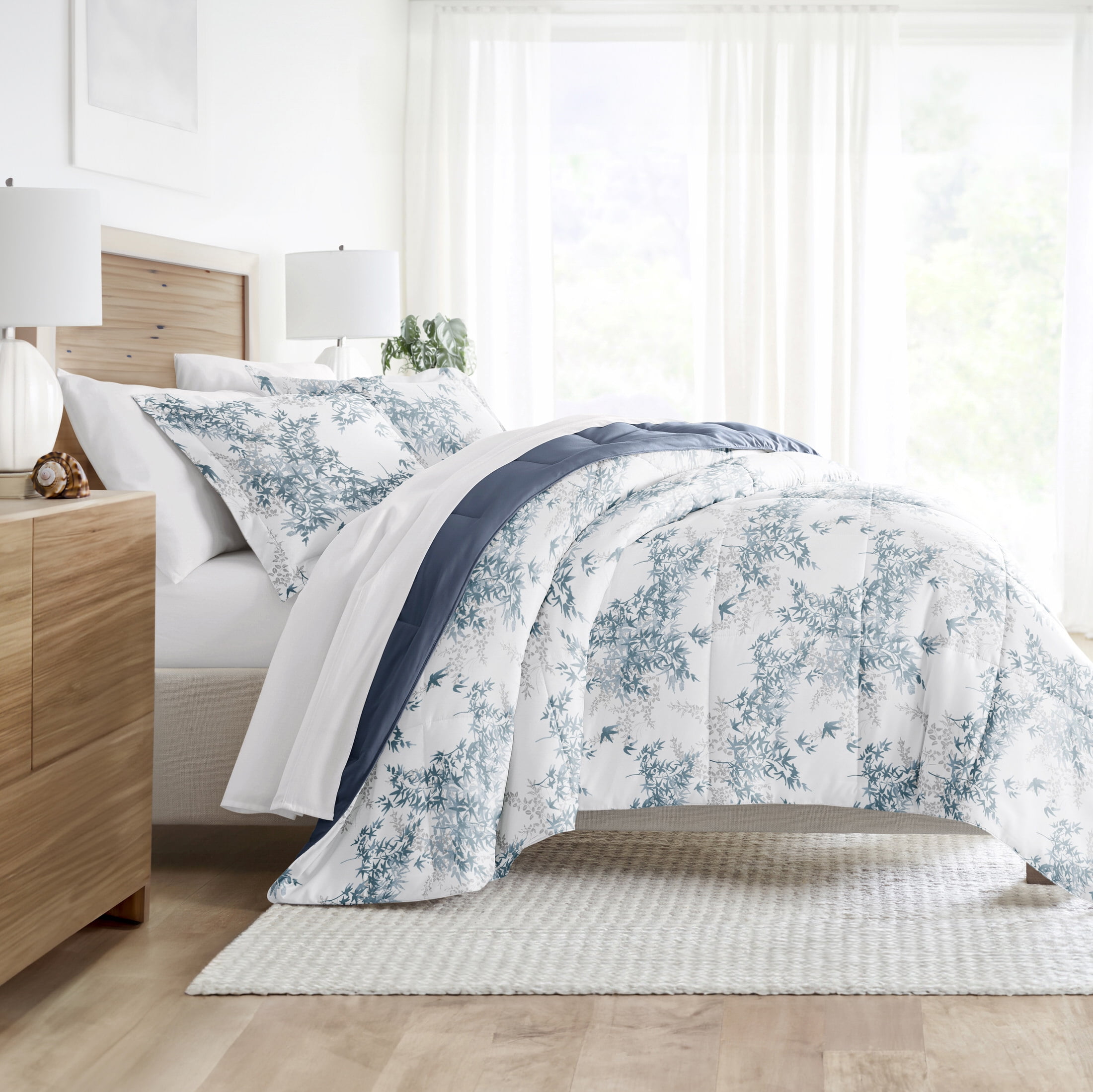 Noble Linens Down Alternative Bamboo Leaves Blue Stone Reversible Comforter Set